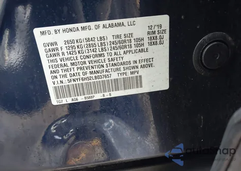 2020 Honda Pilot Awd Ex-L из США, поврежденный, VIN 5FNYF6H52LB037657